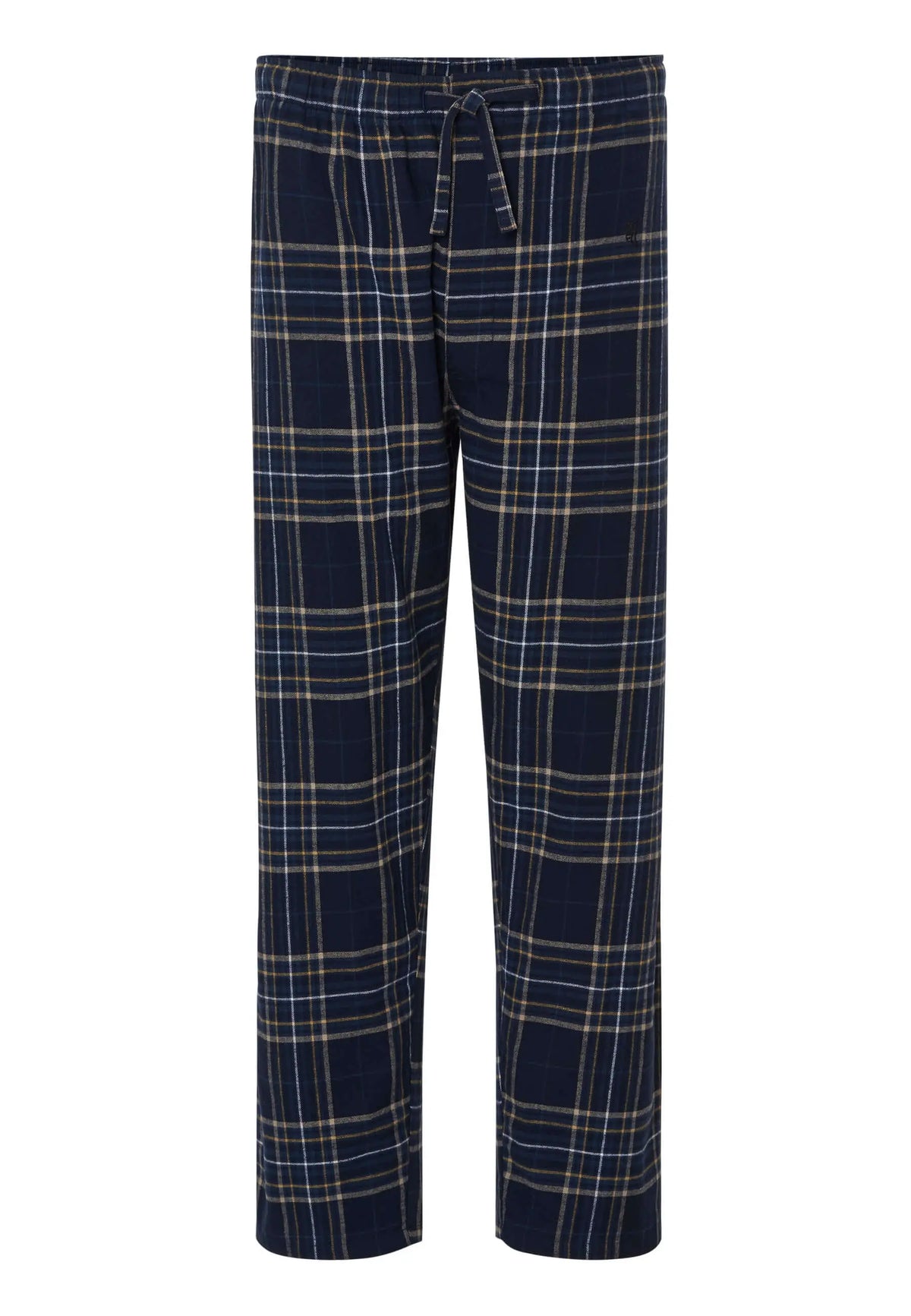 Pantalón de pijama para hombre de franela azul con estampado de cuadros, corte recto y cintura elástica con cordón.