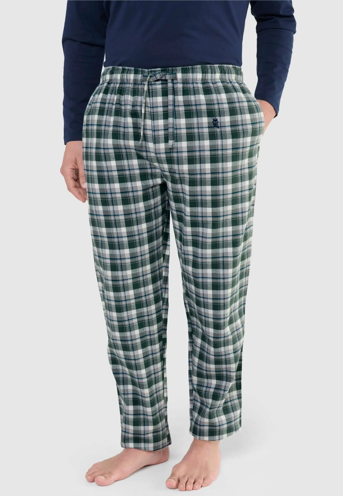 Pantalón de pijama para hombre de franela de algodón, diseño de cuadros verdes, corte recto y cintura elástica cómoda.