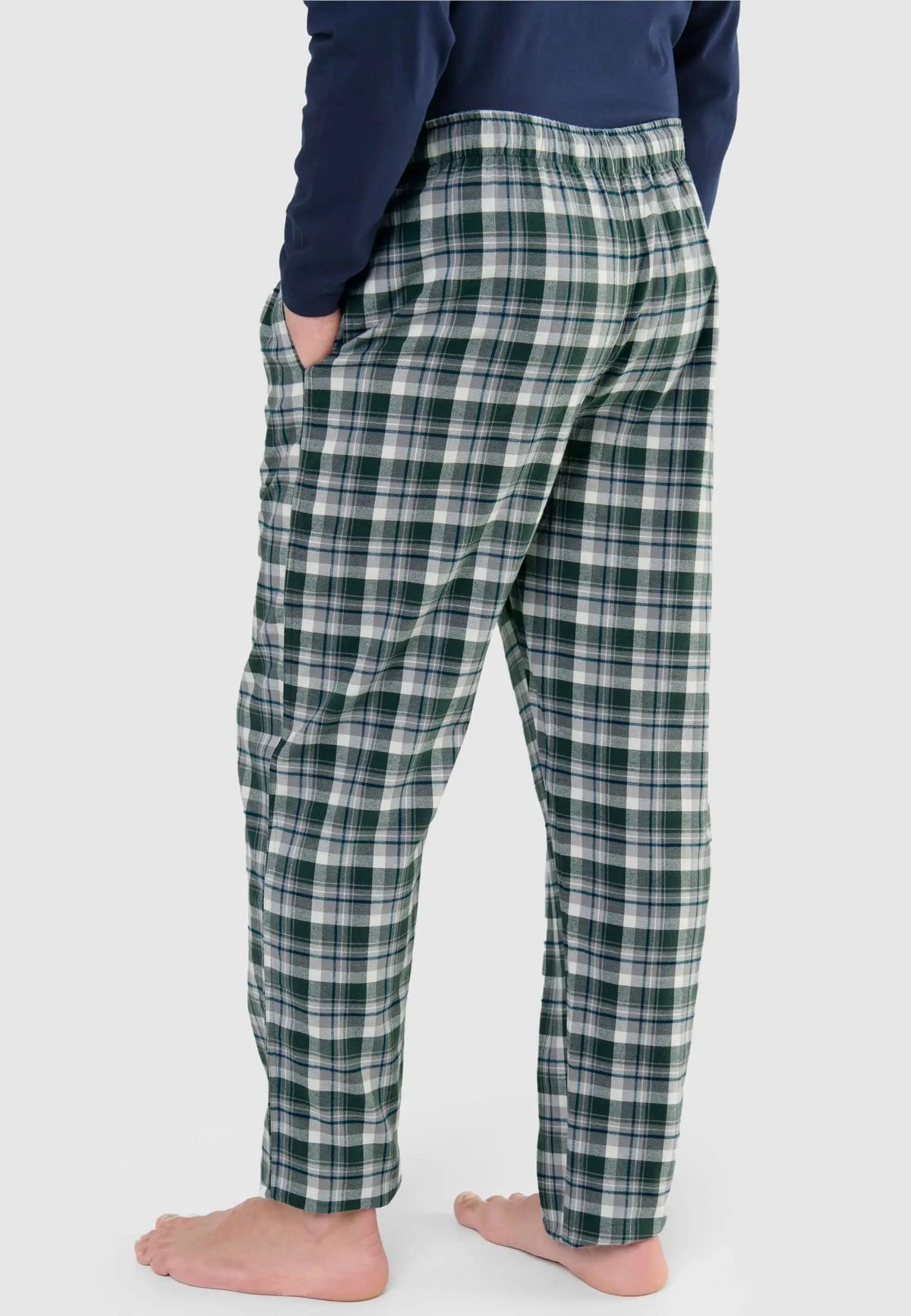 Pantalón de pijama para hombre de franela de algodón, estampado de cuadros en verde, blanco y gris, corte cómodo.