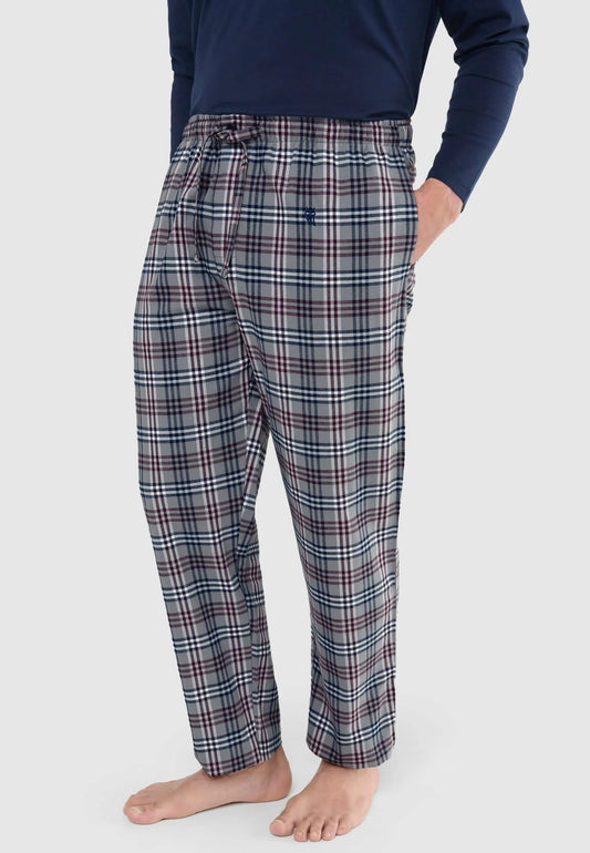 Pantalón de pijama para hombre de franela gris a cuadros, ajuste cómodo con cordón y tacto suave para invierno.