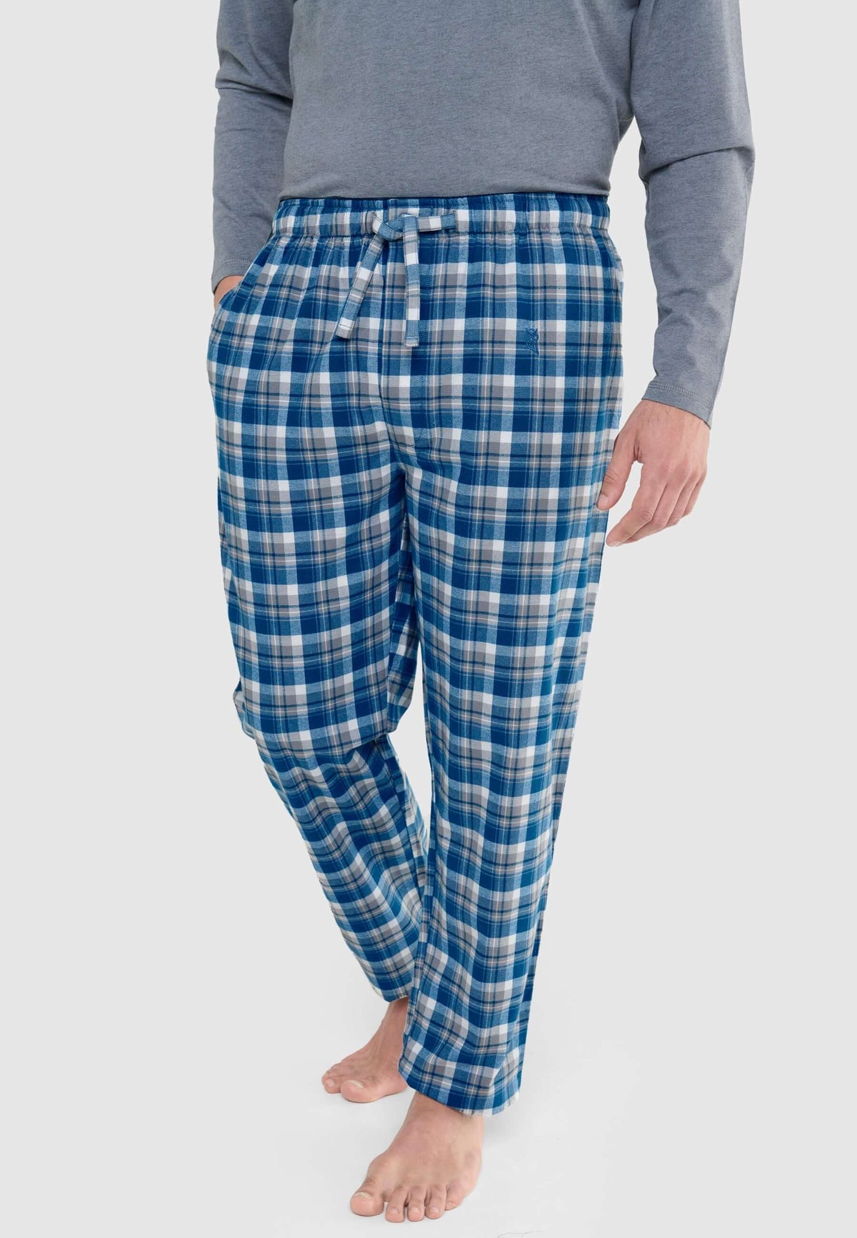Pantalón de pijama para hombre de franela azul con cuadros, ajuste cómodo y cordón ajustable en la cintura.