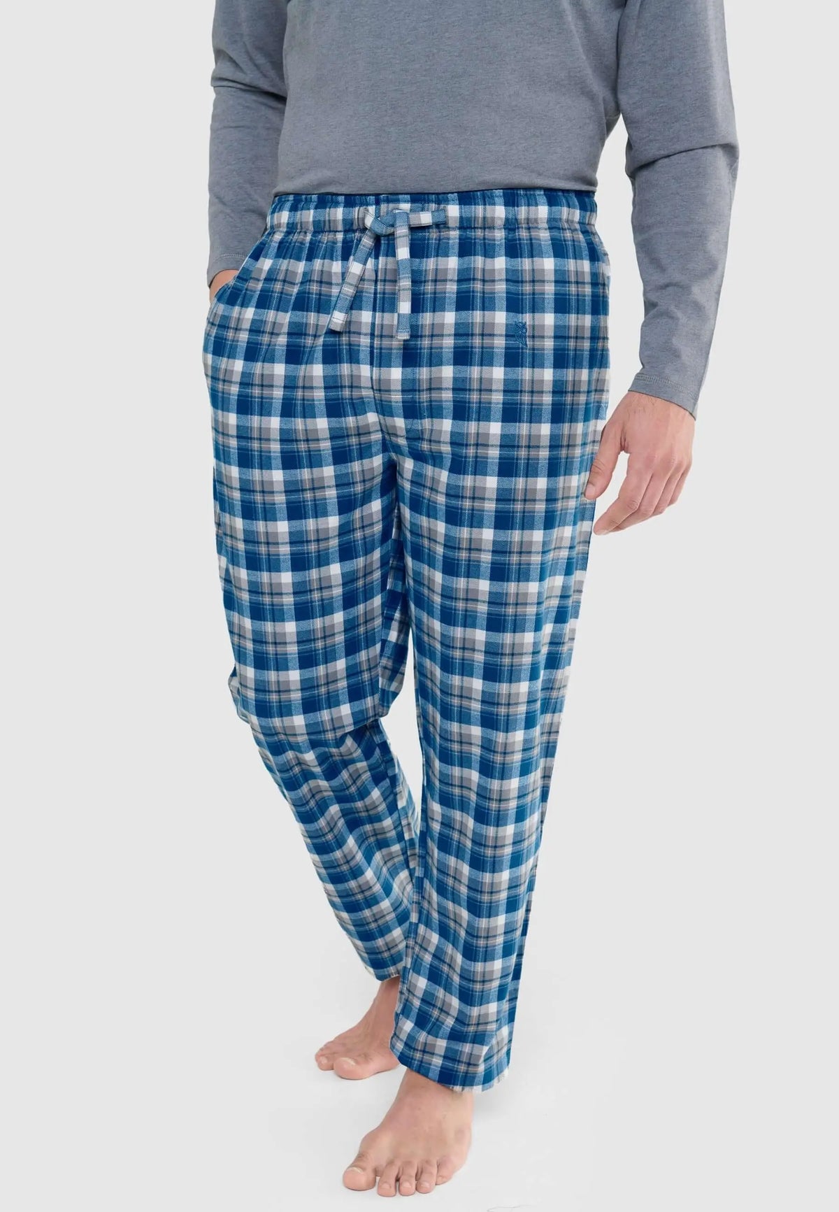 Pantalón de pijama para hombre de franela azul con cuadros, ajuste cómodo y cordón ajustable en la cintura.