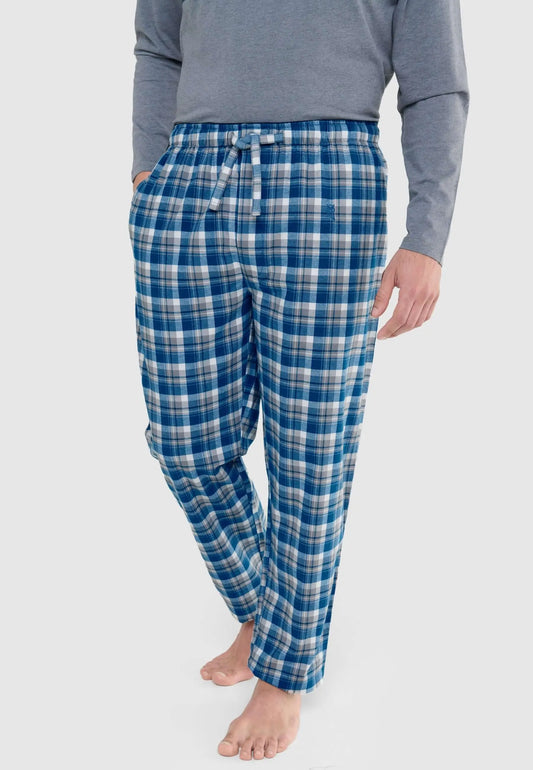 Pantalón de pijama para hombre de franela azul con cuadros, ajuste cómodo y cordón ajustable en la cintura.