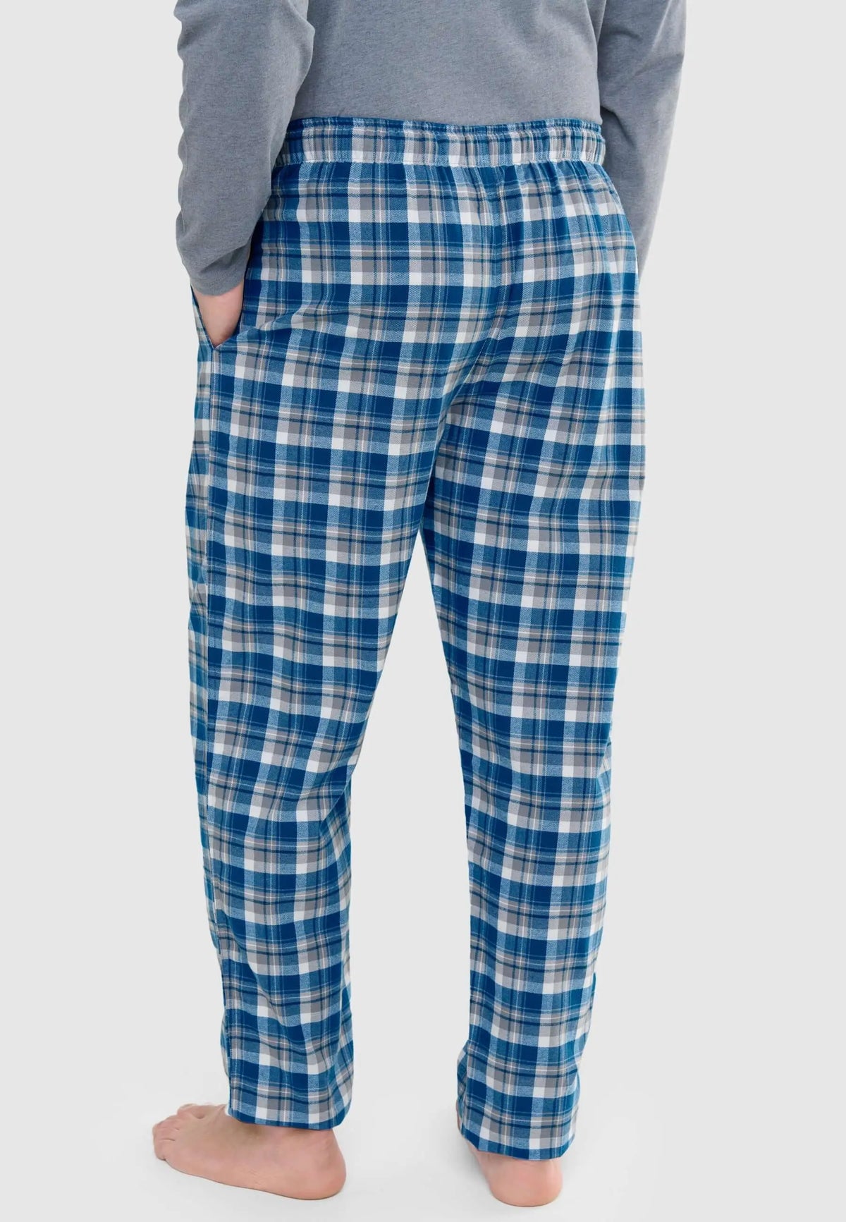 Pantalón de pijama para hombre de franela de algodón, estampado de cuadros azules y blancos con ajuste recto y cómodo.