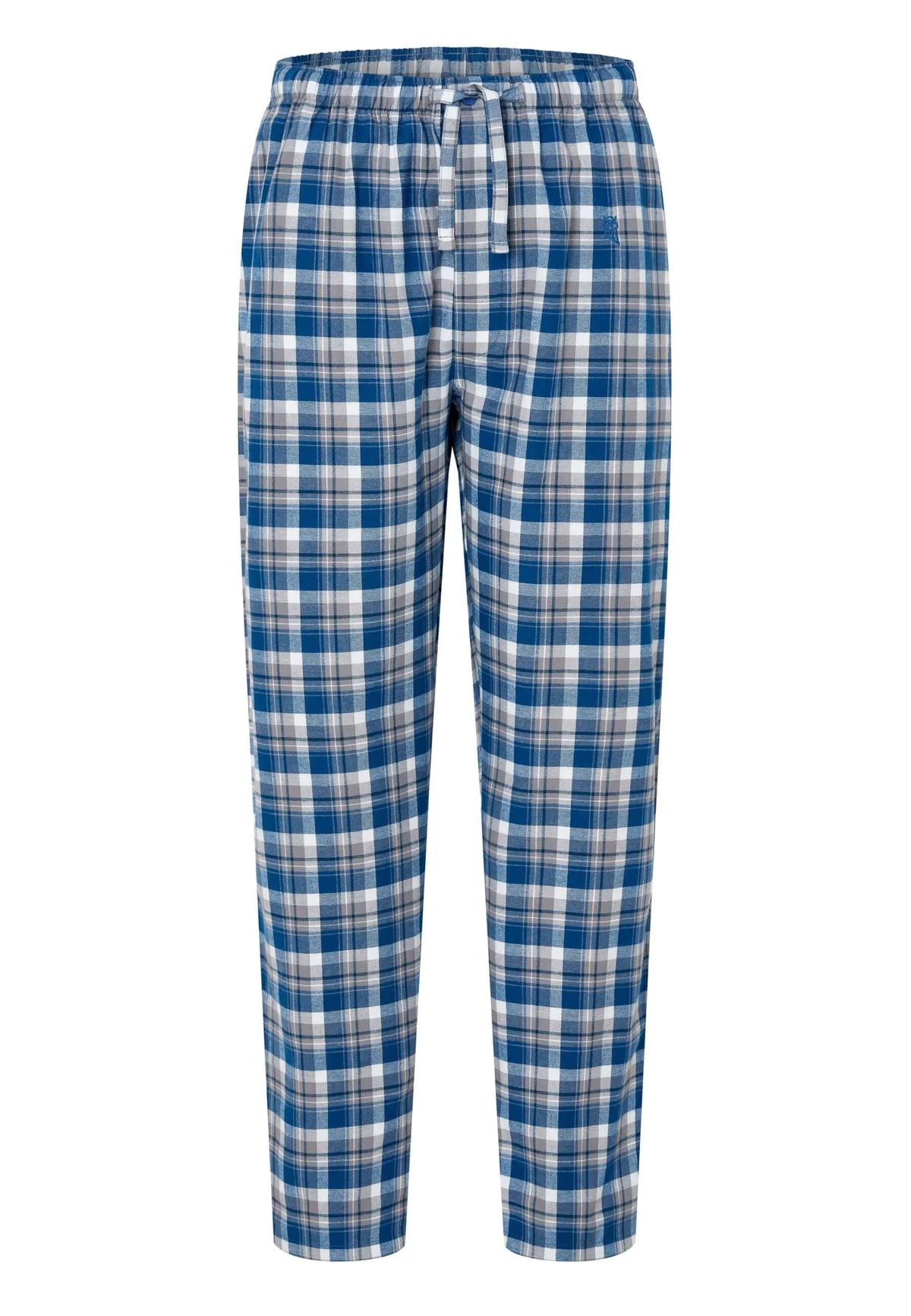 Pantalón de pijama para hombre de franela de algodón, estampado de cuadros azules y grises, corte recto con cordón.