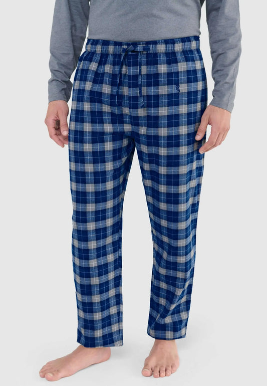 Pantalón de pijama para hombre de franela de algodón en cuadros azules y grises, corte recto con ajuste cómodo.