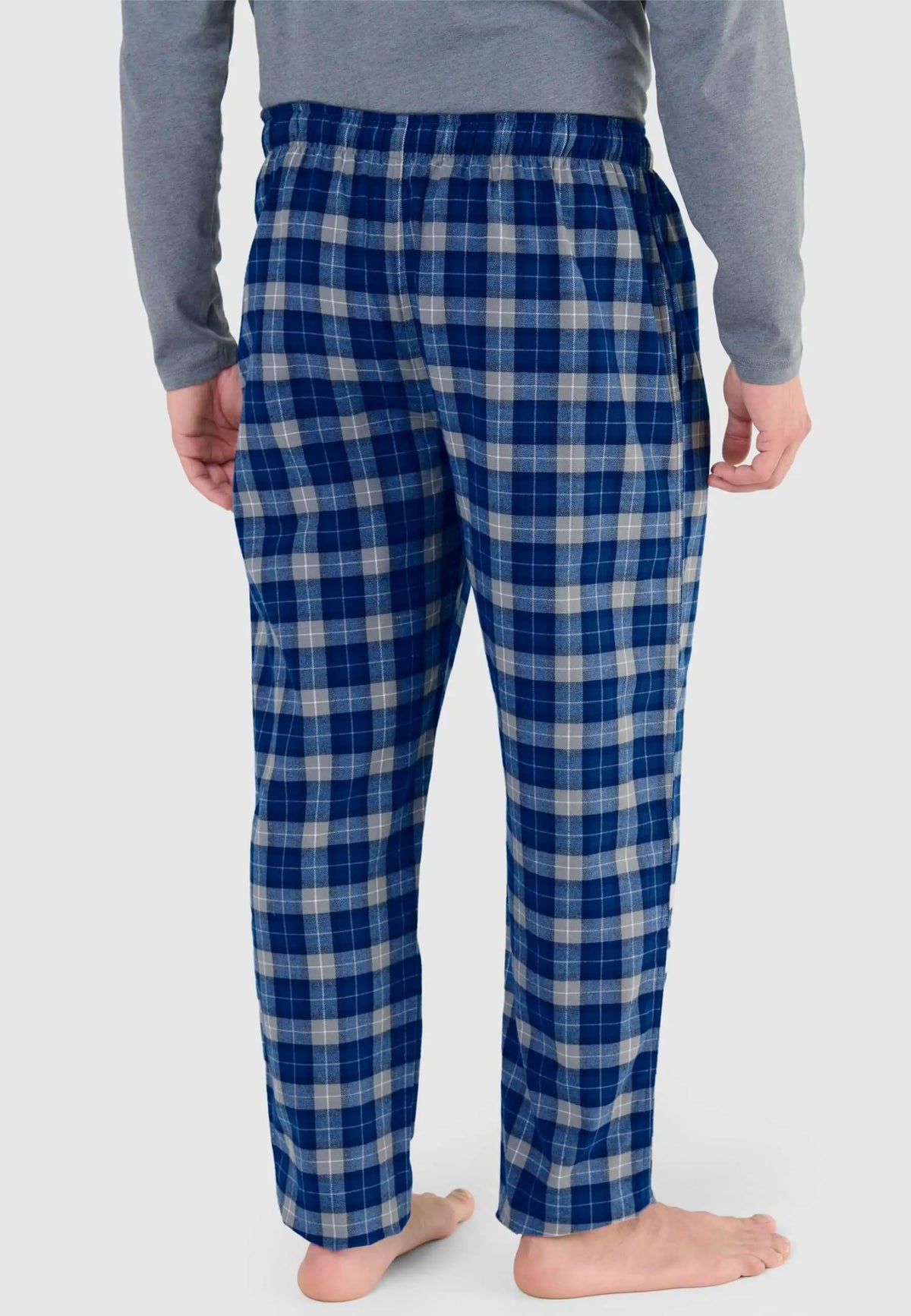 Pantalón de pijama para hombre de franela de algodón, estampado de cuadros azules y grises, ajuste recto y cómodo.