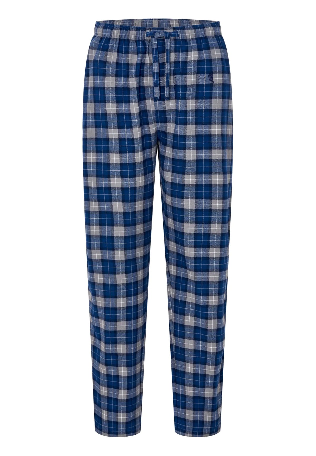Pantalón de pijama para hombre de franela de algodón en cuadros azules y grises, corte recto con cintura elástica.