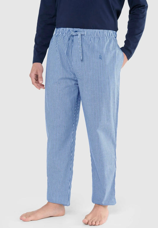 Pantalón largo de pijama para hombre en algodón popelín, diseño de rayas azules y blancas con cintura elástica y cordón.