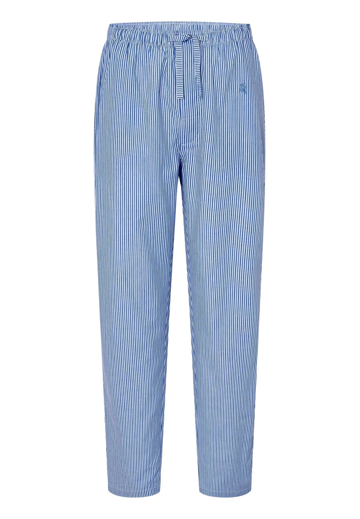 Pantalón de pijama largo para hombre de algodón popelín, con estampado de rayas verticales azul y blanco y ajuste cómodo.
