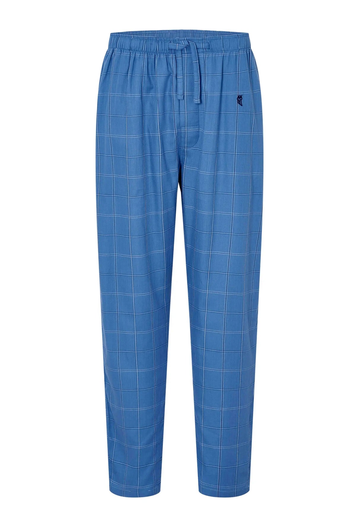 Pantalón de pijama largo para hombre en algodón popelín azul con estampado de cuadros, cintura elástica con cordón.