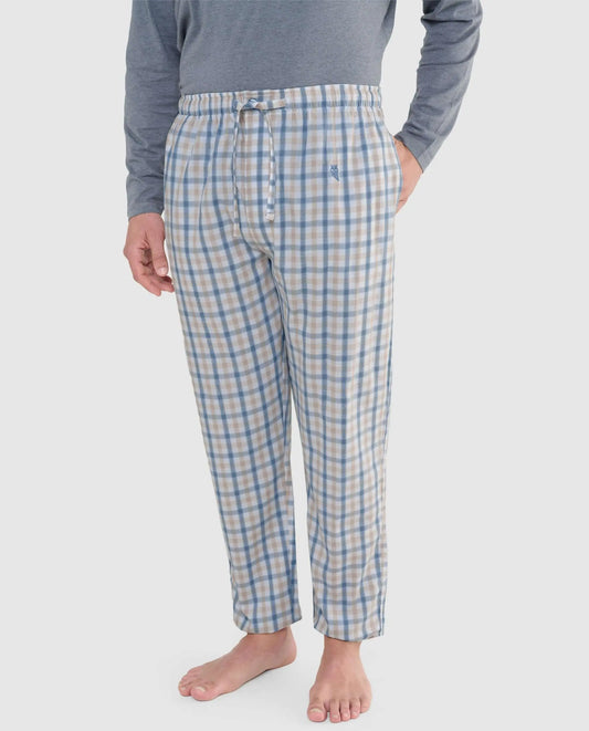 Pantalón de pijama largo para hombre de algodón popelín, con estampado de cuadros en tonos verde y azul, ajuste cómodo.