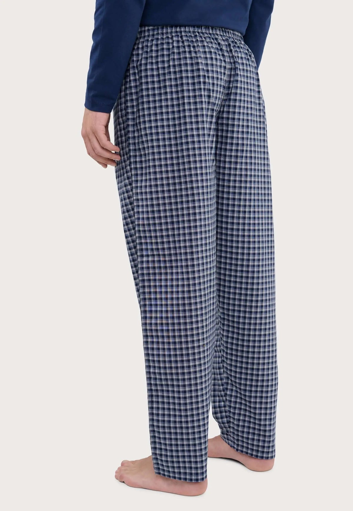 Pantalón de pijama largo para hombre de algodón popelín, diseño de cuadros azules, ajuste cómodo y estilo clásico.