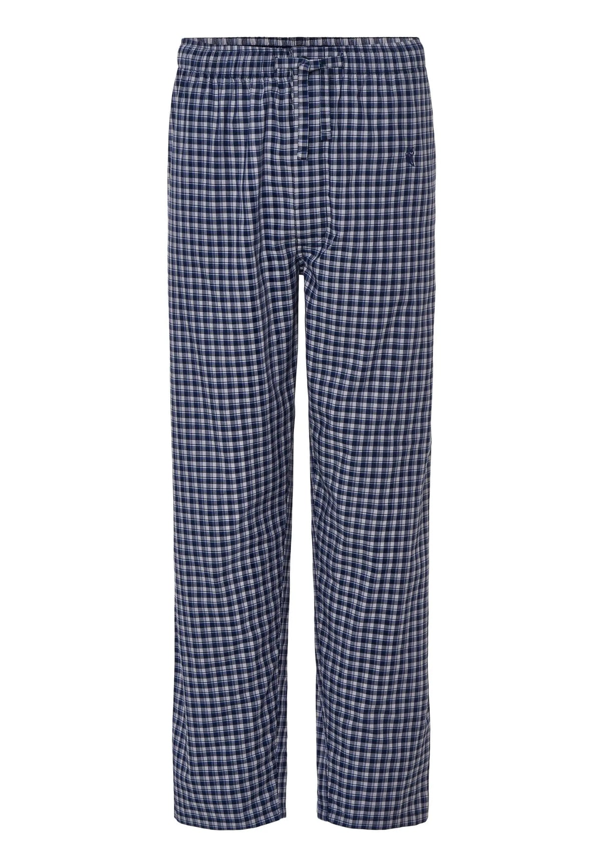 Pantalón de pijama largo para hombre de algodón popelín, con estampado de cuadros azul y blanco y ajuste cómodo.