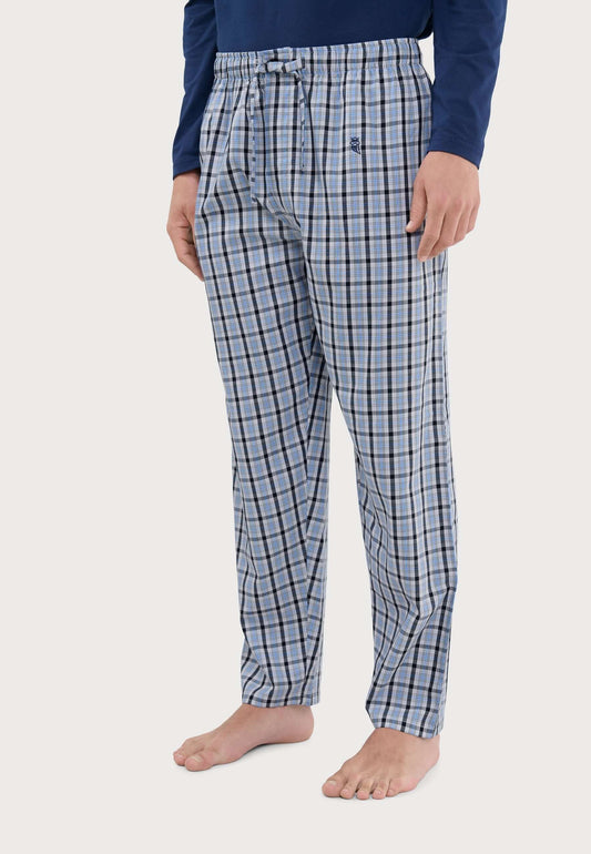 Pantalón de pijama largo para hombre de algodón, estampado de cuadros en azul, ajuste recto y cintura elástica.