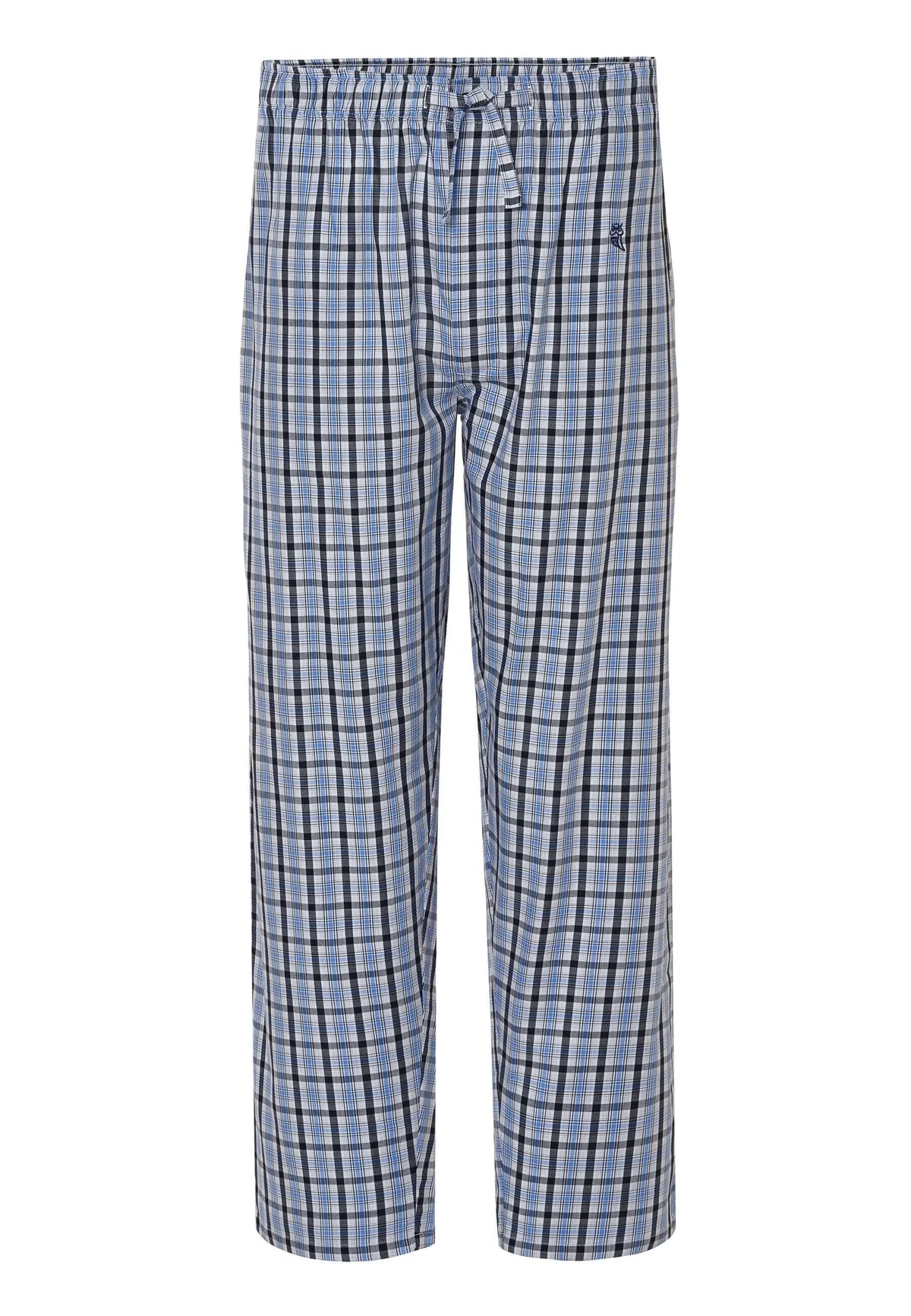 Pantalón de pijama largo para hombre de algodón, estampado de cuadros azules y negros, con cintura elástica y cordón.