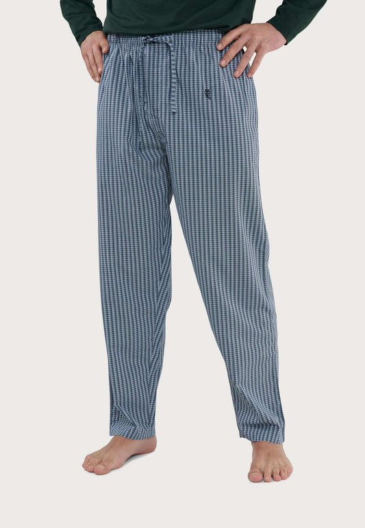Pantalón de pijama largo para hombre en algodón popelín, diseño de cuadros en tonos verdes y ajuste cómodo con cordón.