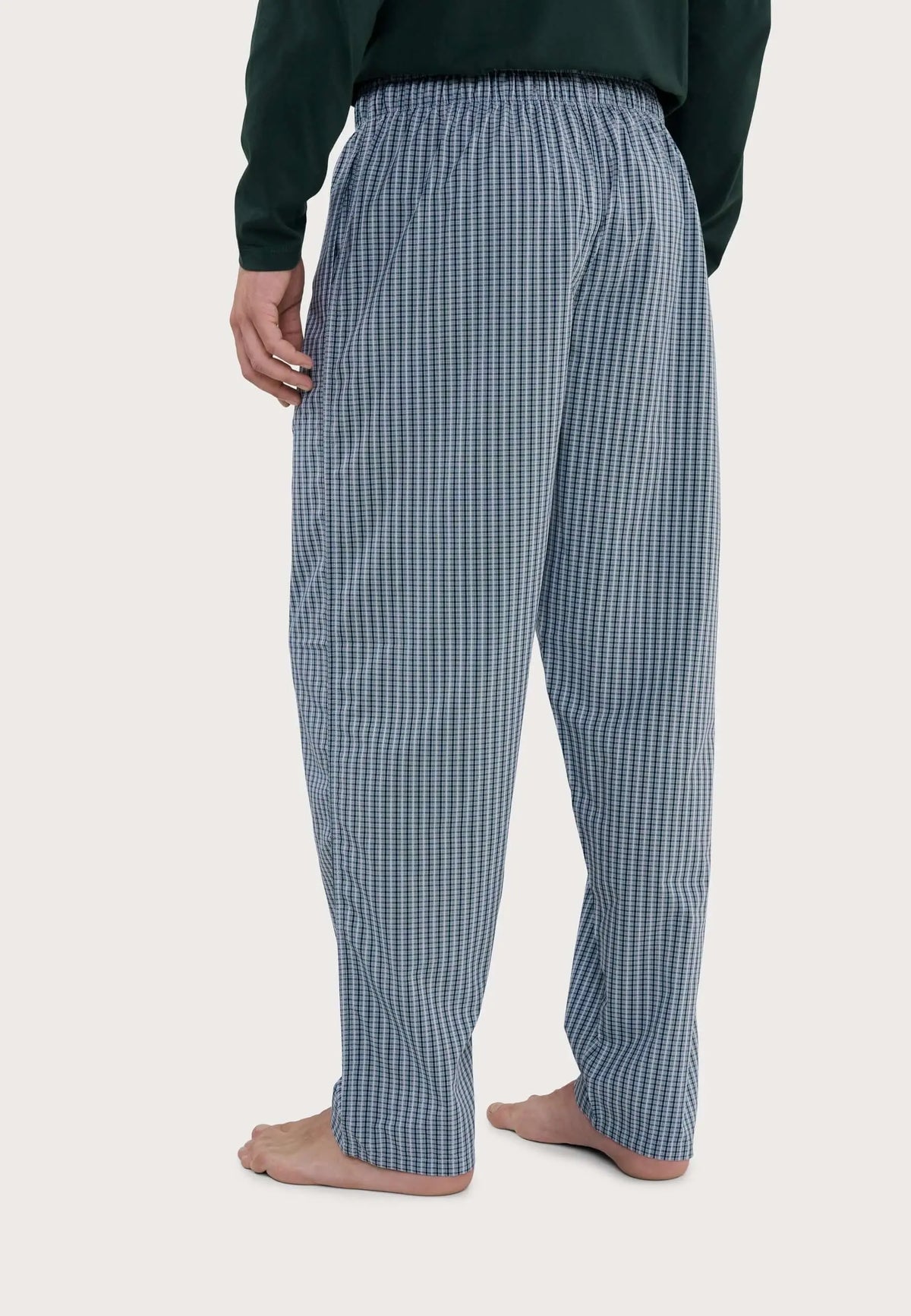 Pantalón de pijama largo para hombre de popelín de algodón con estampado de cuadros verdes, ajuste holgado y cómodo.