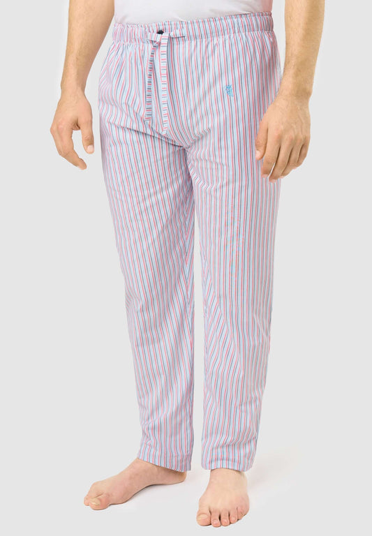 Pantalón Pijama Hombre largo de algodón popelín con rayas blancas, celestes, rojas y azules, cómodo y ligero.