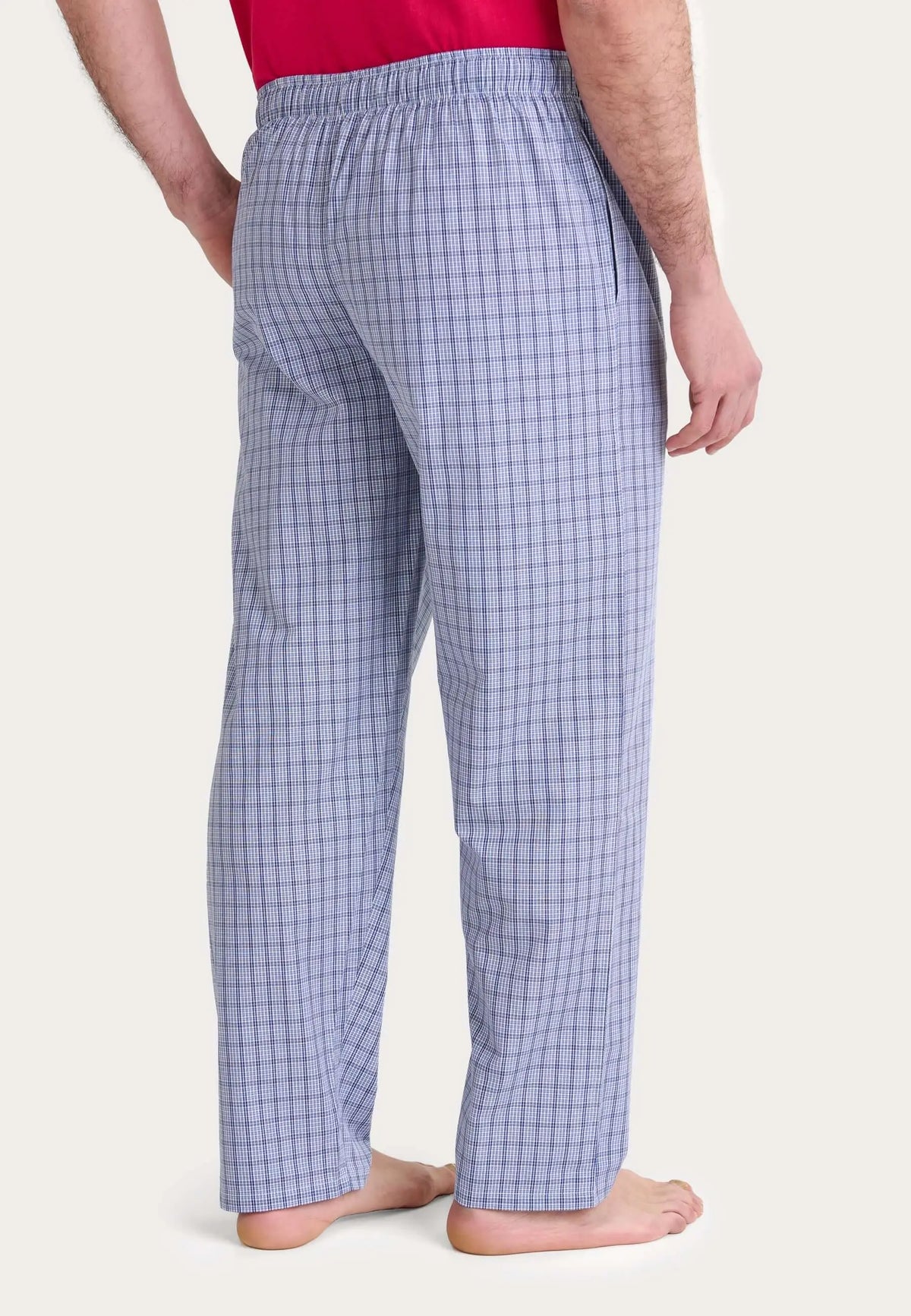 Pantalón de pijama largo para hombre de algodón popelín, diseño de cuadros azules con ajuste cómodo y cintura elástica.