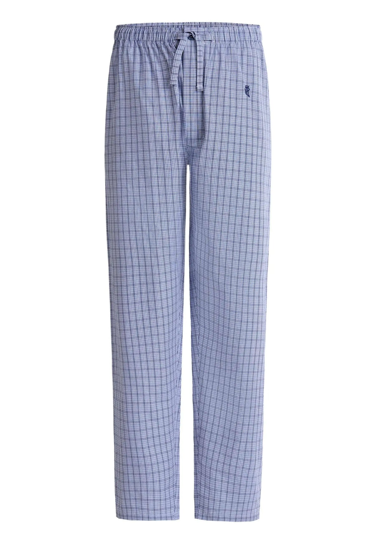 Pantalón de pijama largo para hombre de algodón popelín, diseño de cuadros azules con cintura elástica y cordón ajustable.