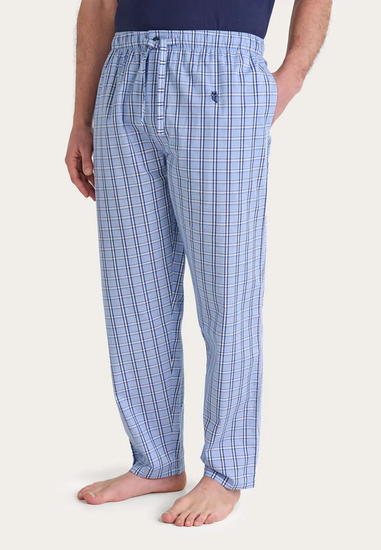 Pantalón largo de pijama para hombre en algodón popelín, estampado de cuadros azules con ajuste cómodo y cintura elástica.