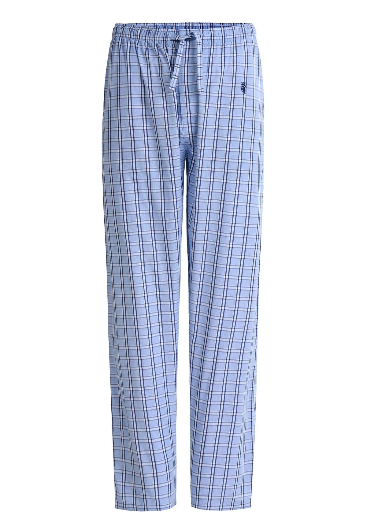 Pantalón largo de pijama para hombre en popelín de algodón azul con estampado de cuadros y cintura elástica ajustable.