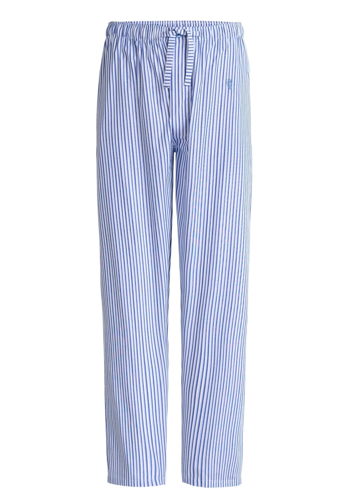 Pantalón de pijama largo para hombre de algodón popelín, diseño de rayas azules y blancas, ajuste cómodo con cordón.