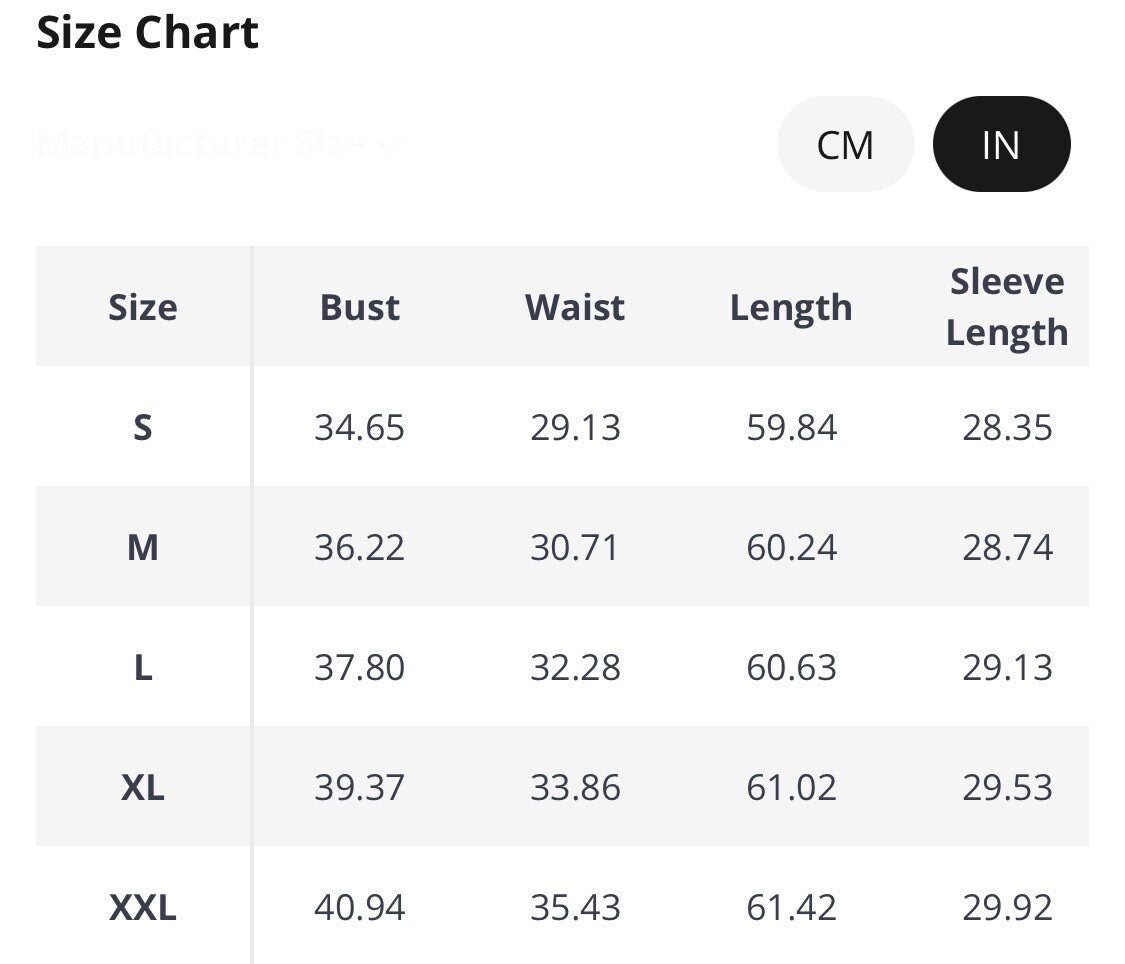 Size chart for women's clothing in cm and inches, featuring bust, waist, length, and sleeve length measurements.