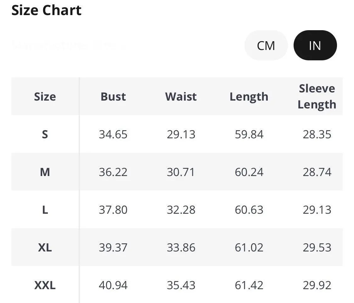 Size chart for women's clothing in cm and inches, featuring bust, waist, length, and sleeve length measurements.