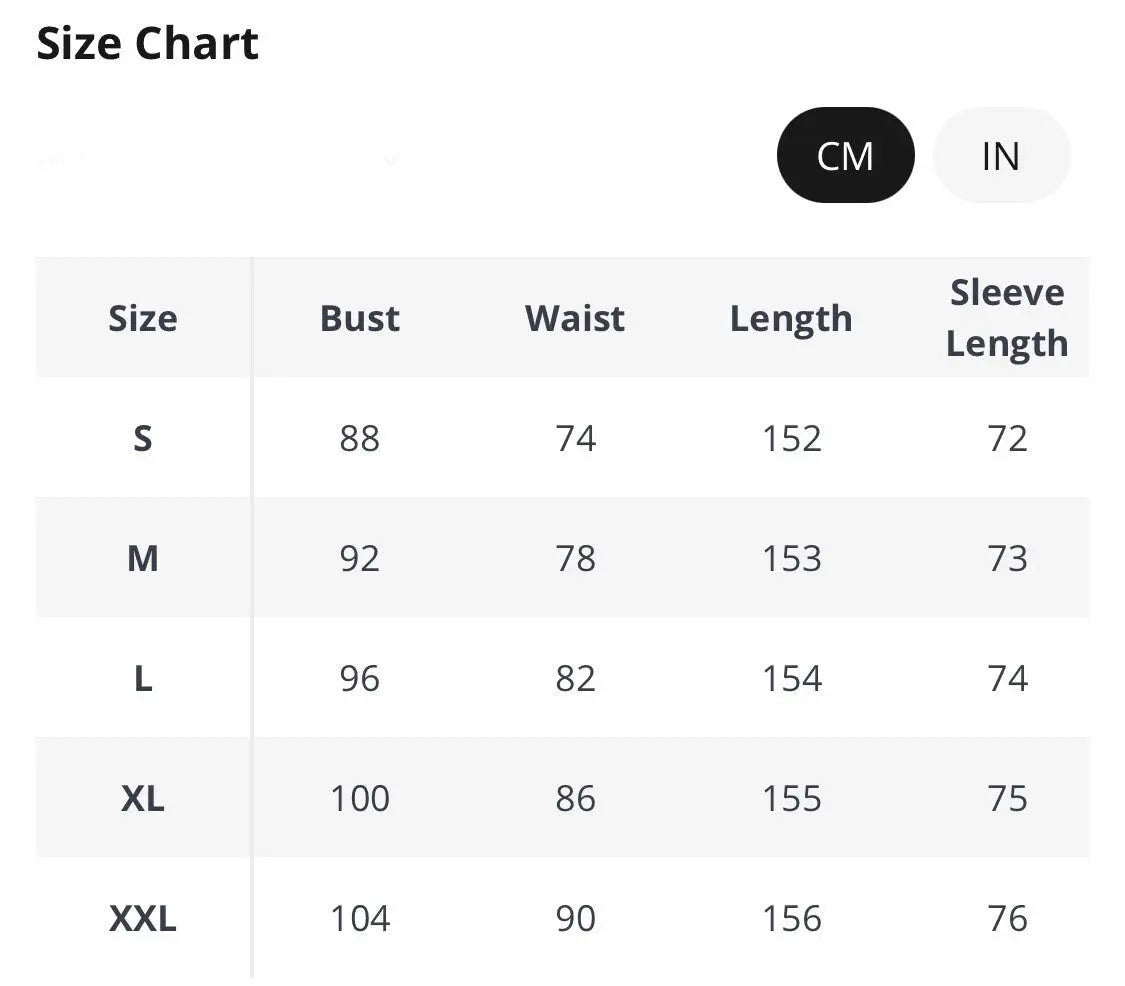 Size chart for women's clothing in cm, featuring bust, waist, length, and sleeve length measurements.