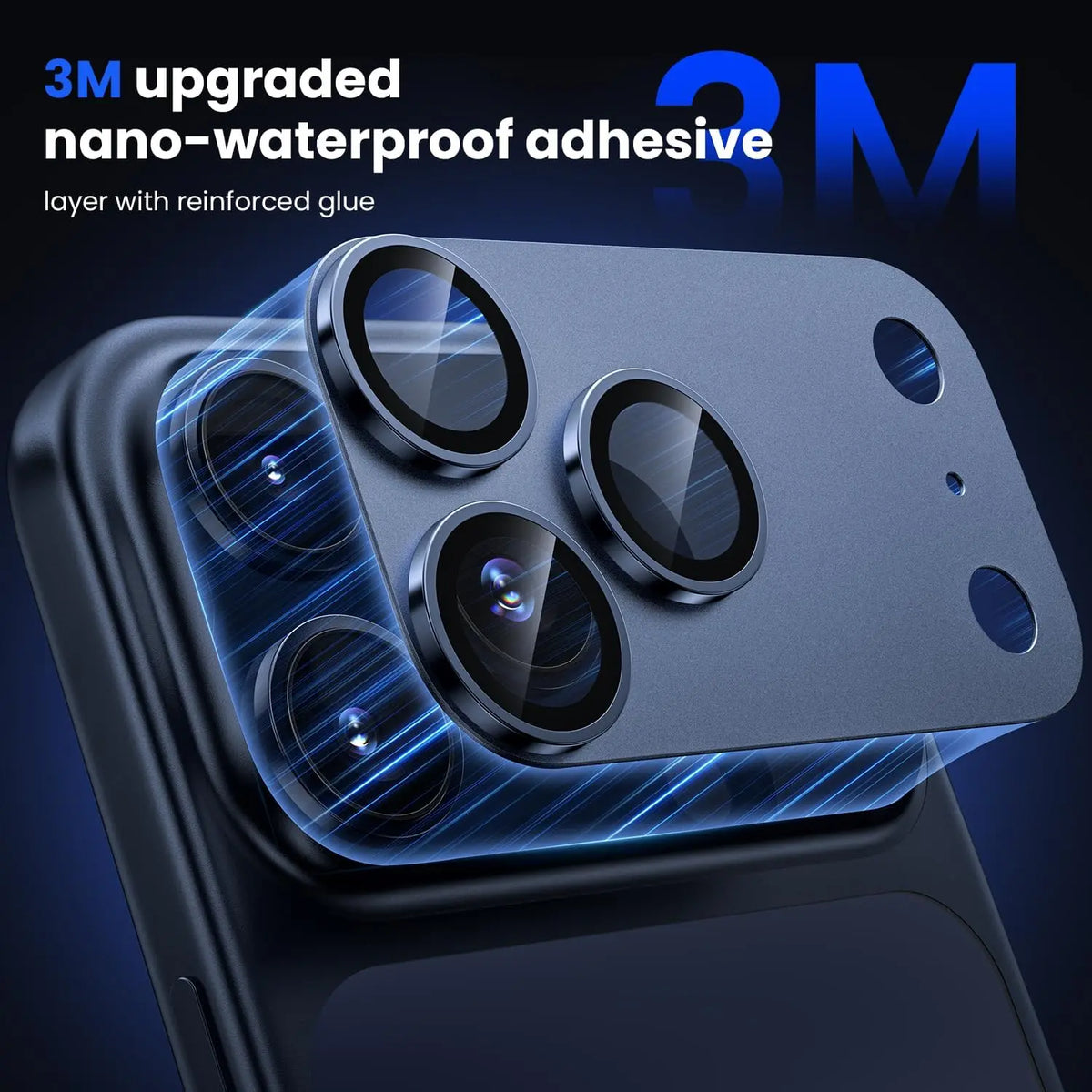 Blue titanium camera lens protector for iPhone, featuring three circular glass covers with 3M waterproof adhesive.