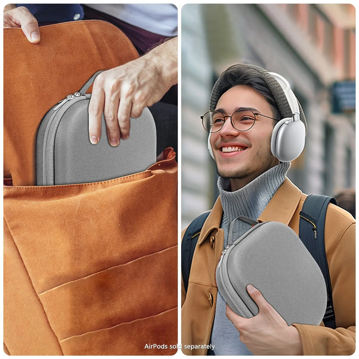 Gray, hard-shell zippered travel case for AirPods Max held by a person and stored in an orange backpack.
