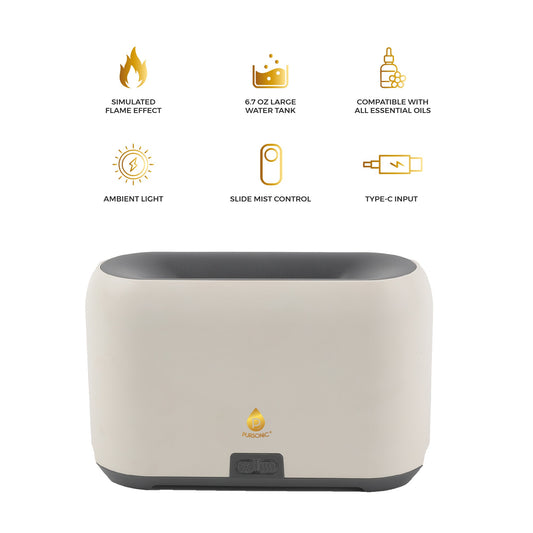 Pursonic flame diffuser with beige and dark gray design, showcasing key features via six gold icons.
