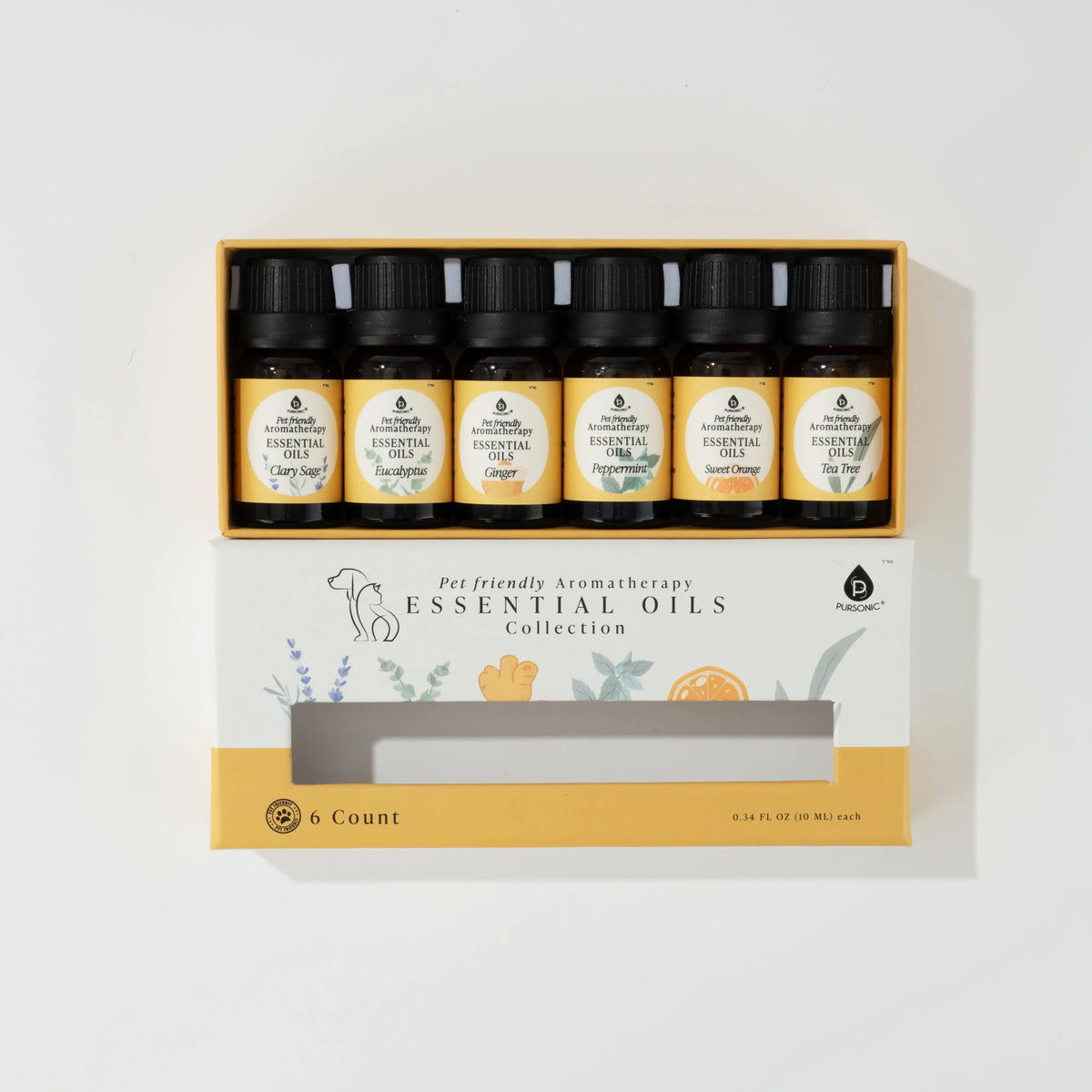 A set of six amber essential oil bottles in a white and yellow box labeled as a pet-friendly aromatherapy collection.