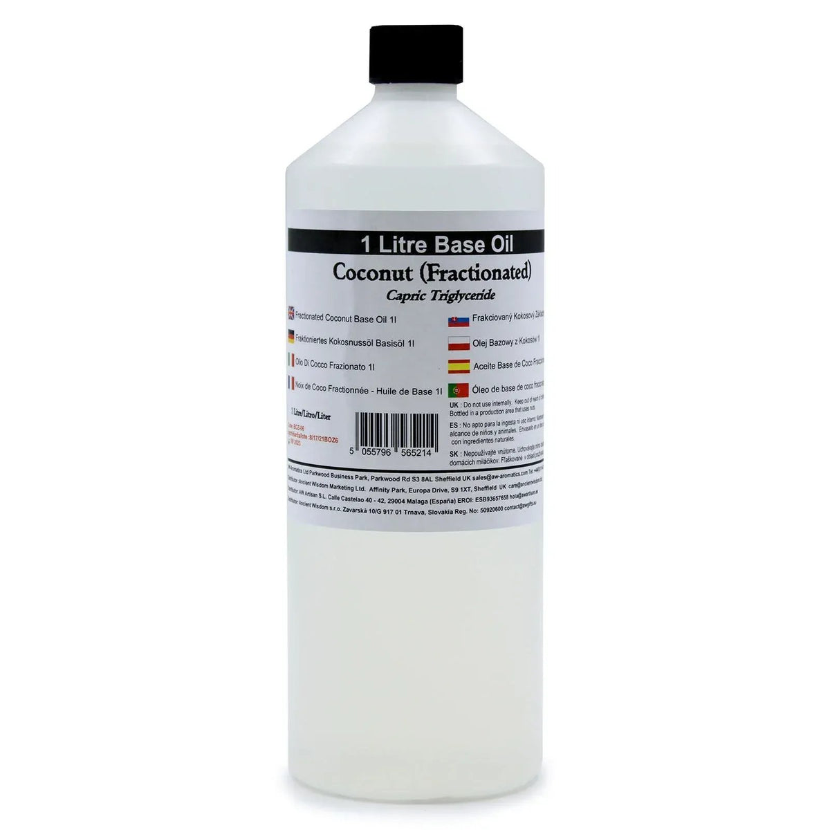Botella plástica cilíndrica de 1 litro con tapa negra, conteniendo aceite base de coco con etiqueta informativa blanca.