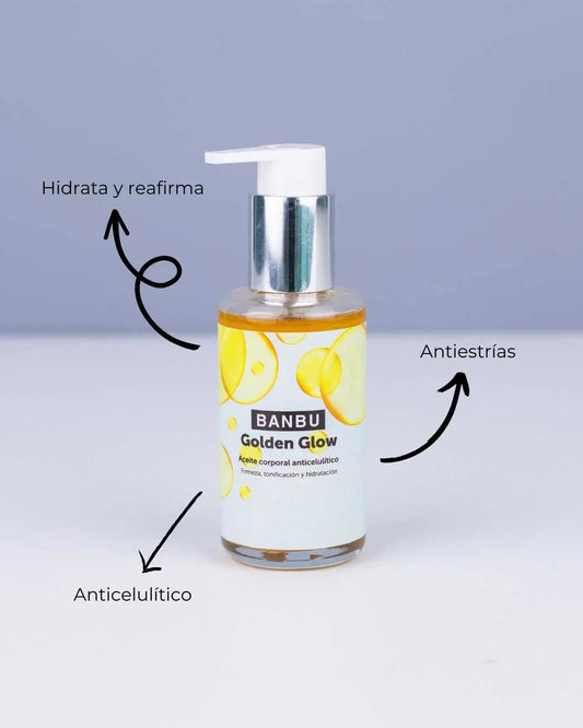 Aceite corporal Golden Glow de Banbu en frasco con dosificador. Etiqueta con beneficios: hidratante, anticelulítico.