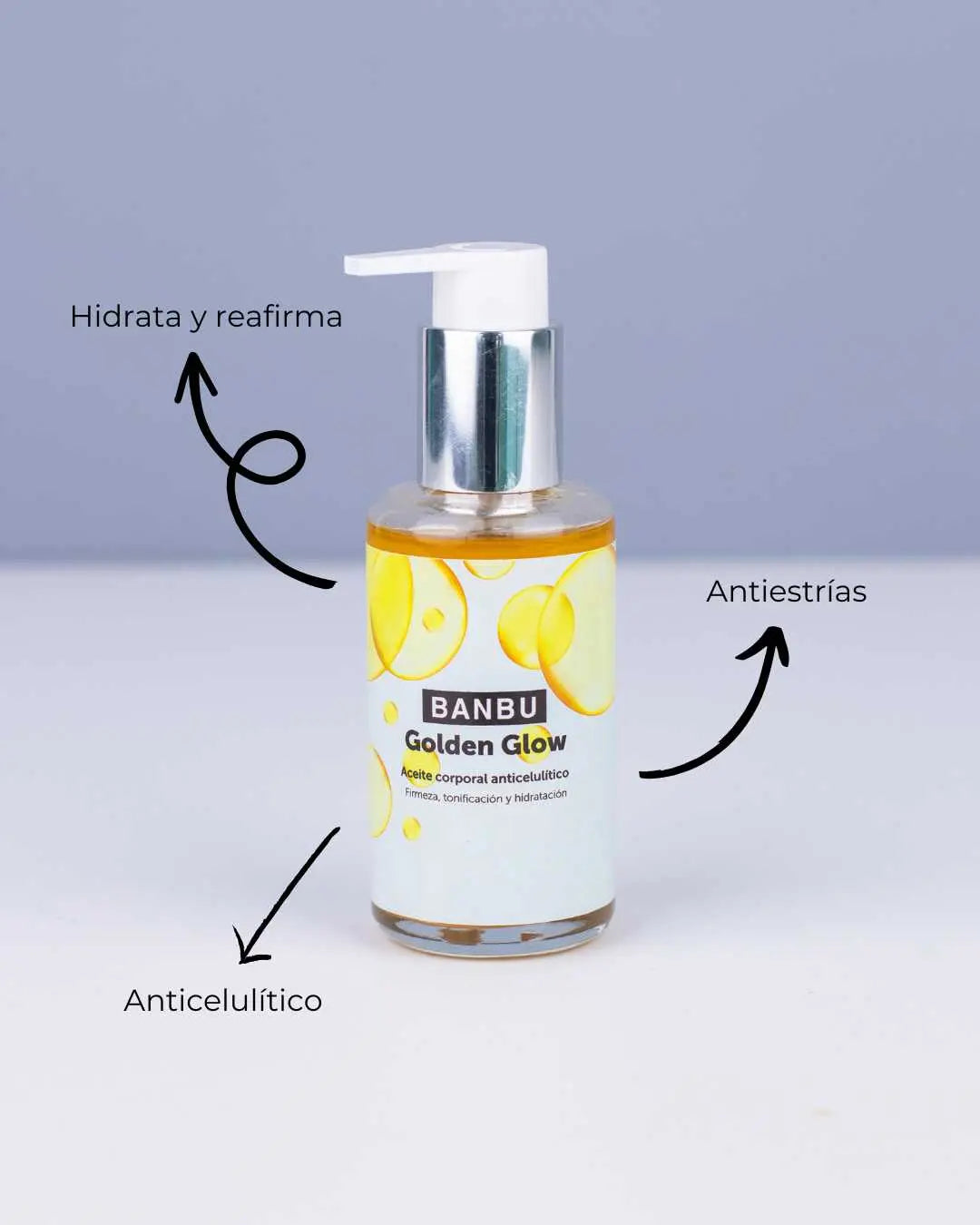 Aceite corporal Golden Glow de Banbu en frasco con dosificador. Etiqueta con beneficios: hidratante, anticelulítico.