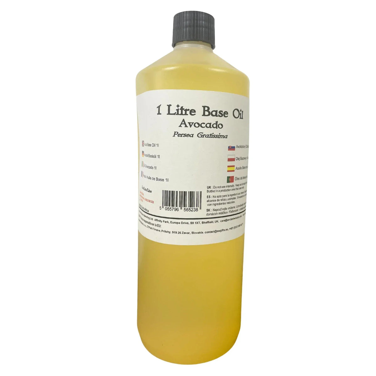 Botella de plástico de 1 litro con aceite de aguacate amarillo, tapón negro y etiqueta informativa blanca.