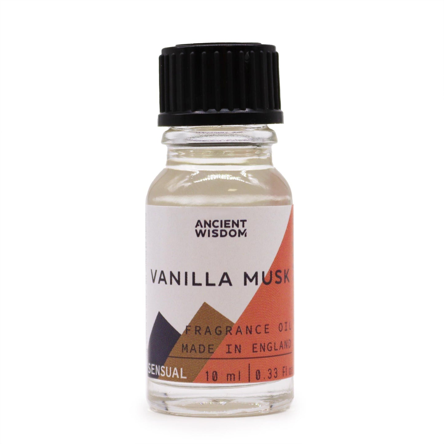 Frasco de cristal transparente con aceite de 10ml, tapa negra y etiqueta con diseño geométrico y texto "Vanilla Musk".
