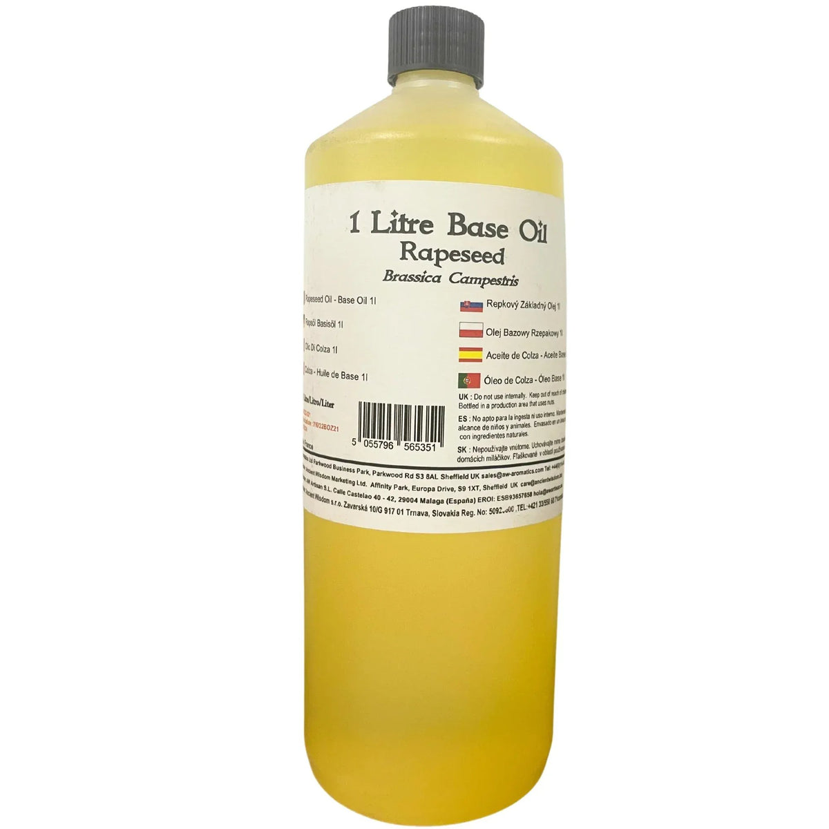 Botella de plástico transparente de 1 litro con aceite de colza amarillento, tapón negro y etiqueta informativa.