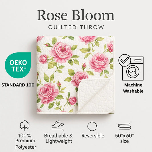 Pink and white floral rose-patterned quilted throw blanket, 50x60, lightweight, reversible, and machine washable.