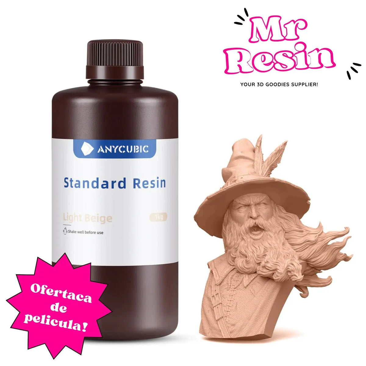 Botella de resina Anycubic V1 beige de 1kg junto a una figura impresa en 3D de un mago. Incluye logo de Mr Resin.