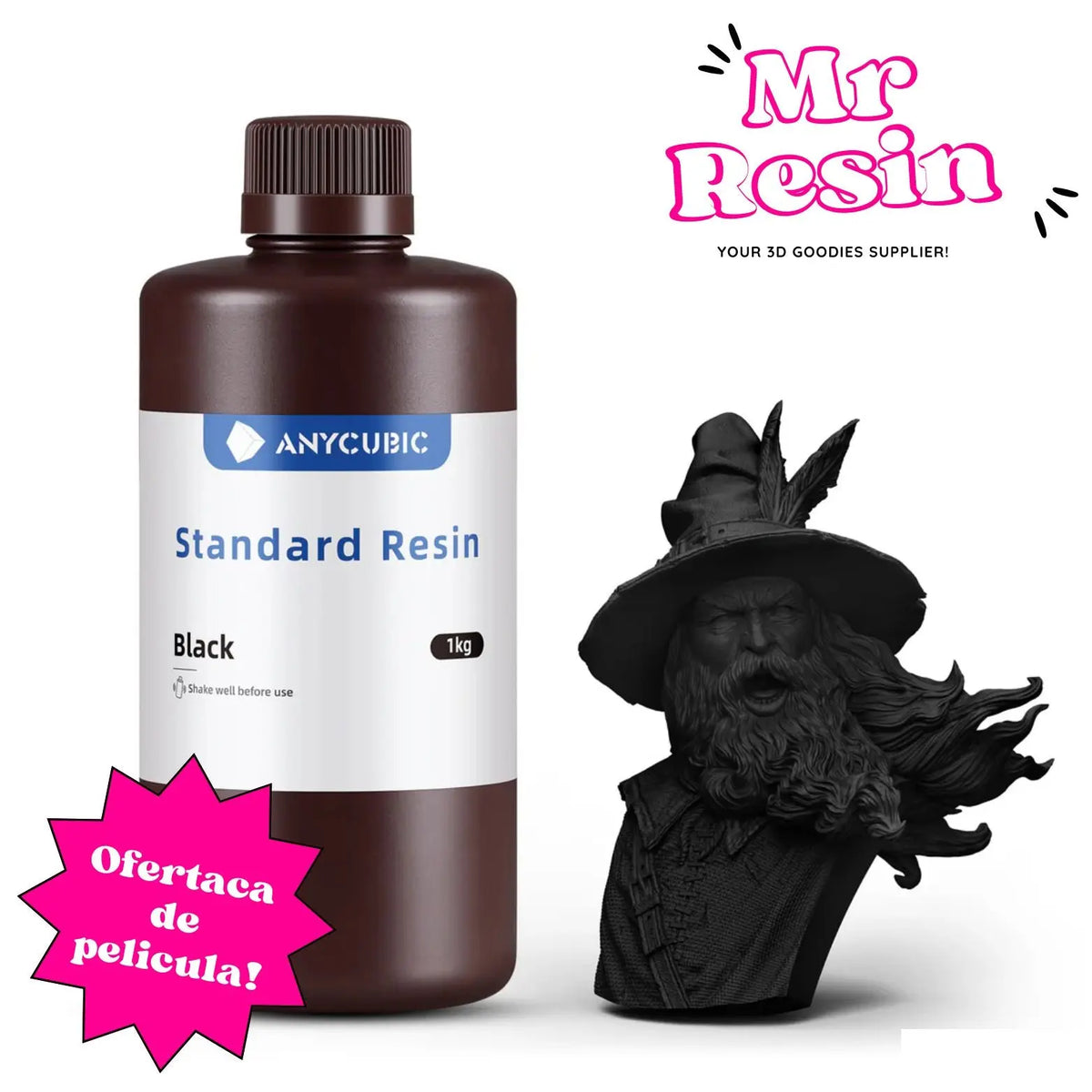 Botella de resina negra Anycubic de 1kg junto a una figura impresa en 3D de un mago con sombrero, marca Mr Resin.