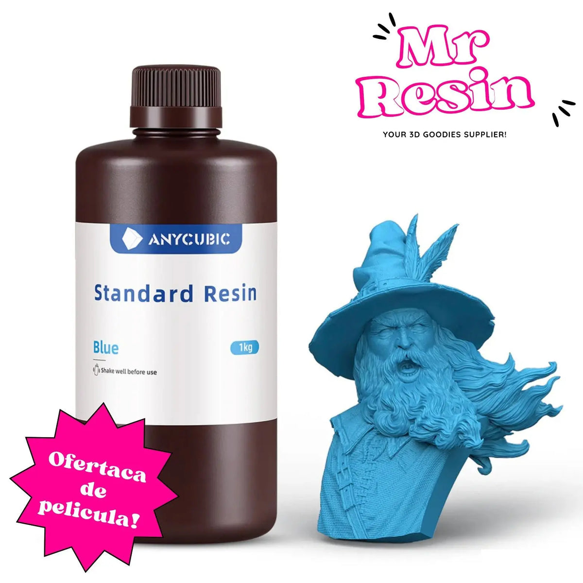 Botella de 1kg de resina Anycubic azul junto a una figura detallada de un mago impresa en 3D, marca Mr Resin.