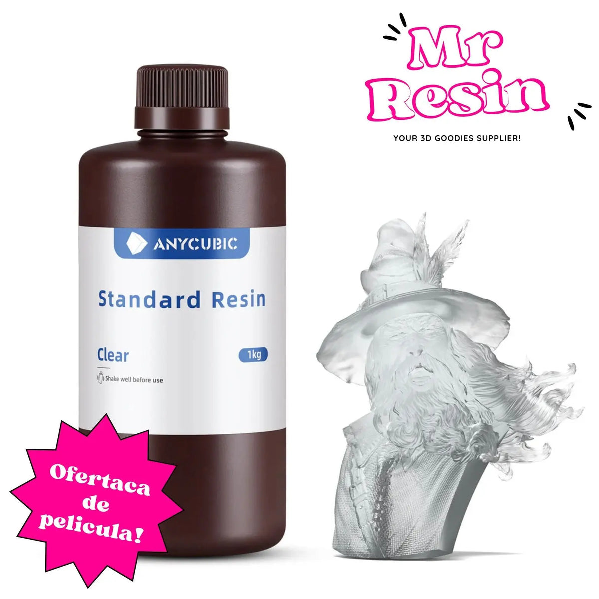 Botella de 1kg de resina Anycubic transparente junto a una figura impresa en 3D detallada y logo de Mr Resin.