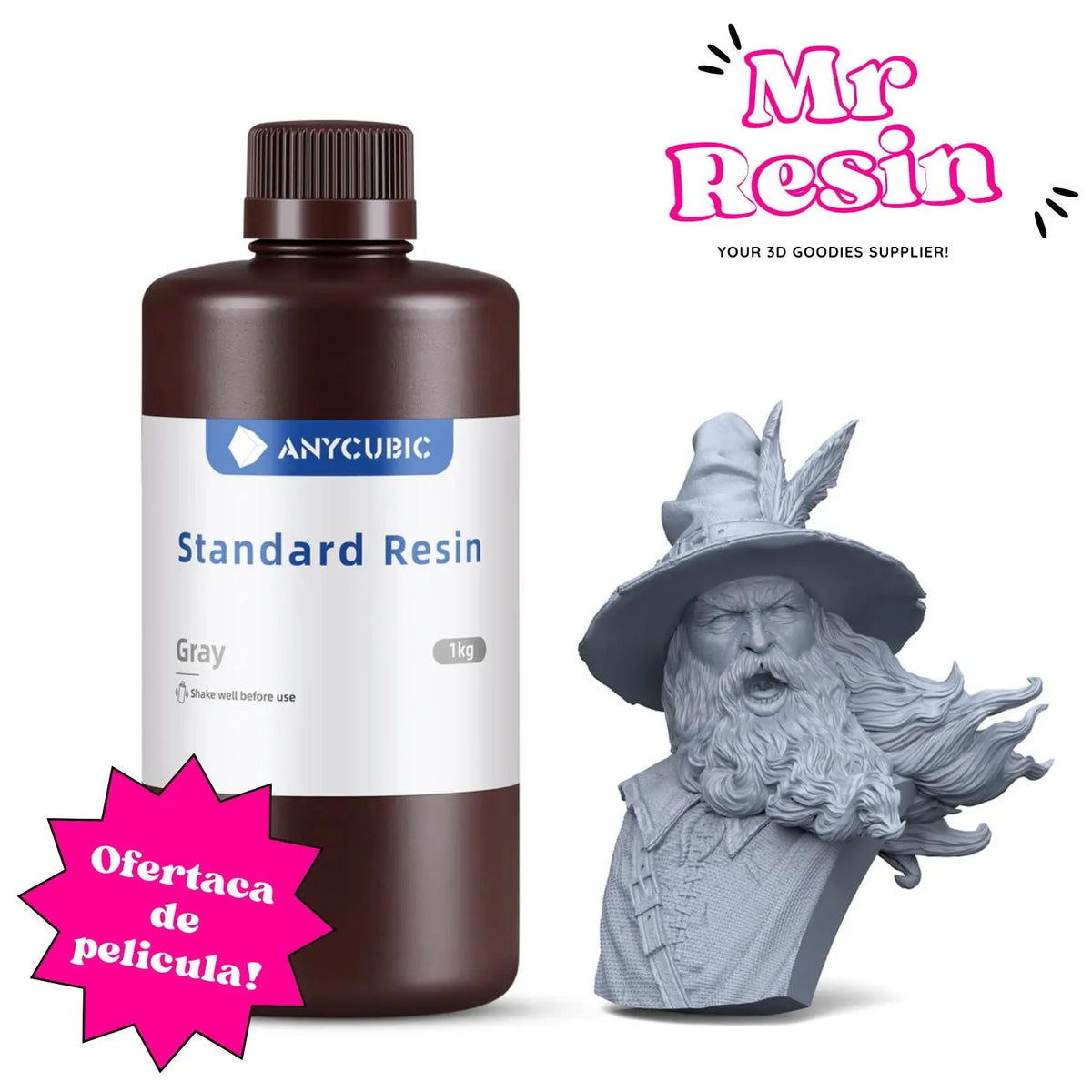 Botella de resina gris Anycubic de 1kg junto a una figura impresa en 3D de un mago y etiqueta de oferta promocional.