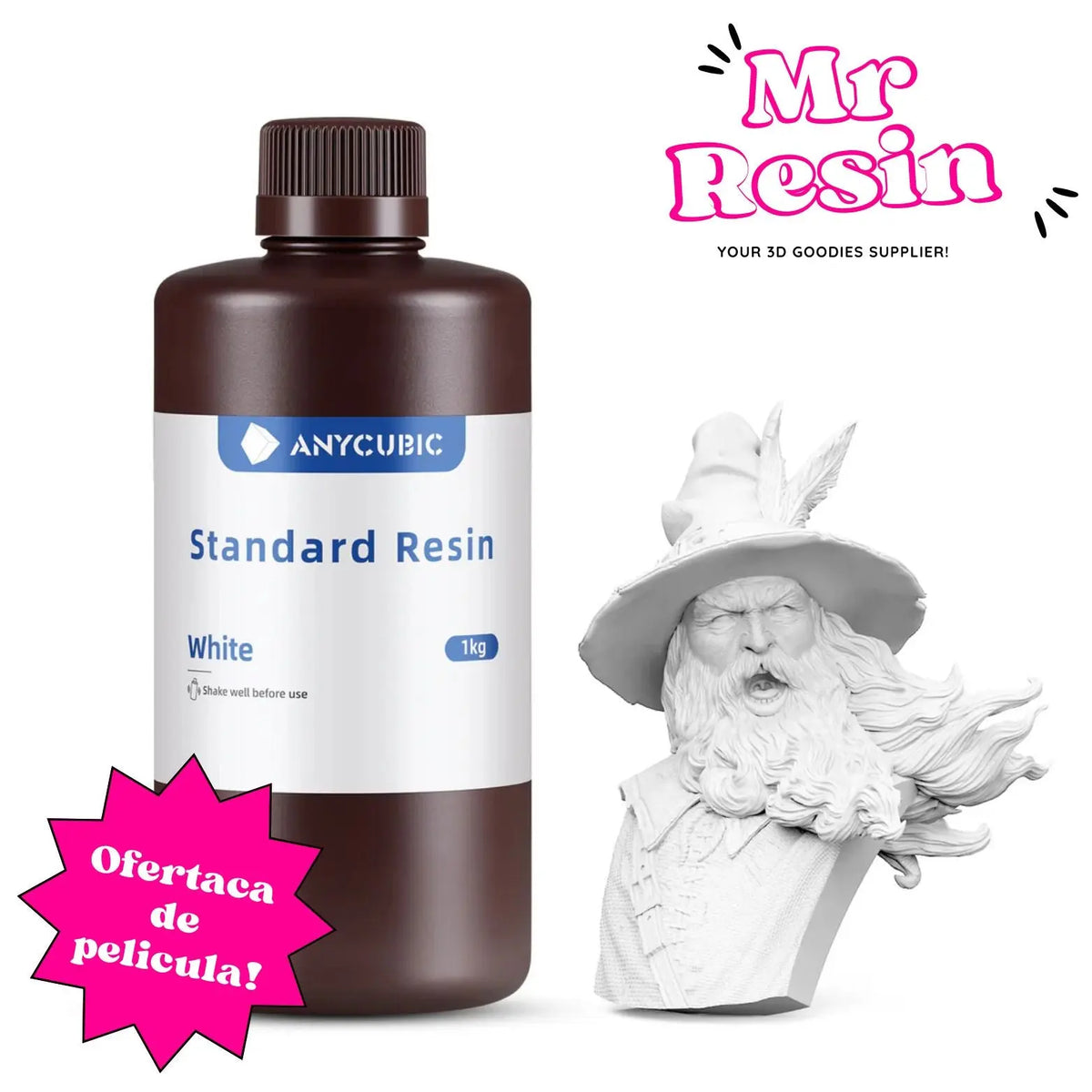 Botella de resina blanca Anycubic de 1kg marca Mr Resin junto a una figura impresa en 3D de un mago con detalles.