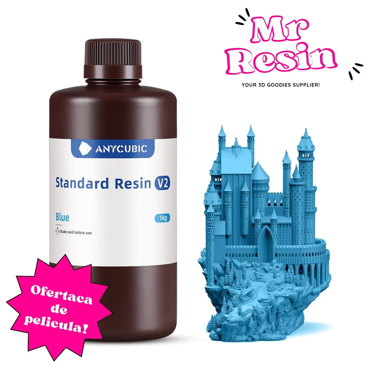 Botella de resina Anycubic V2 azul de 1kg junto a una figura detallada de un castillo impresa en 3D. Marca Mr Resin.