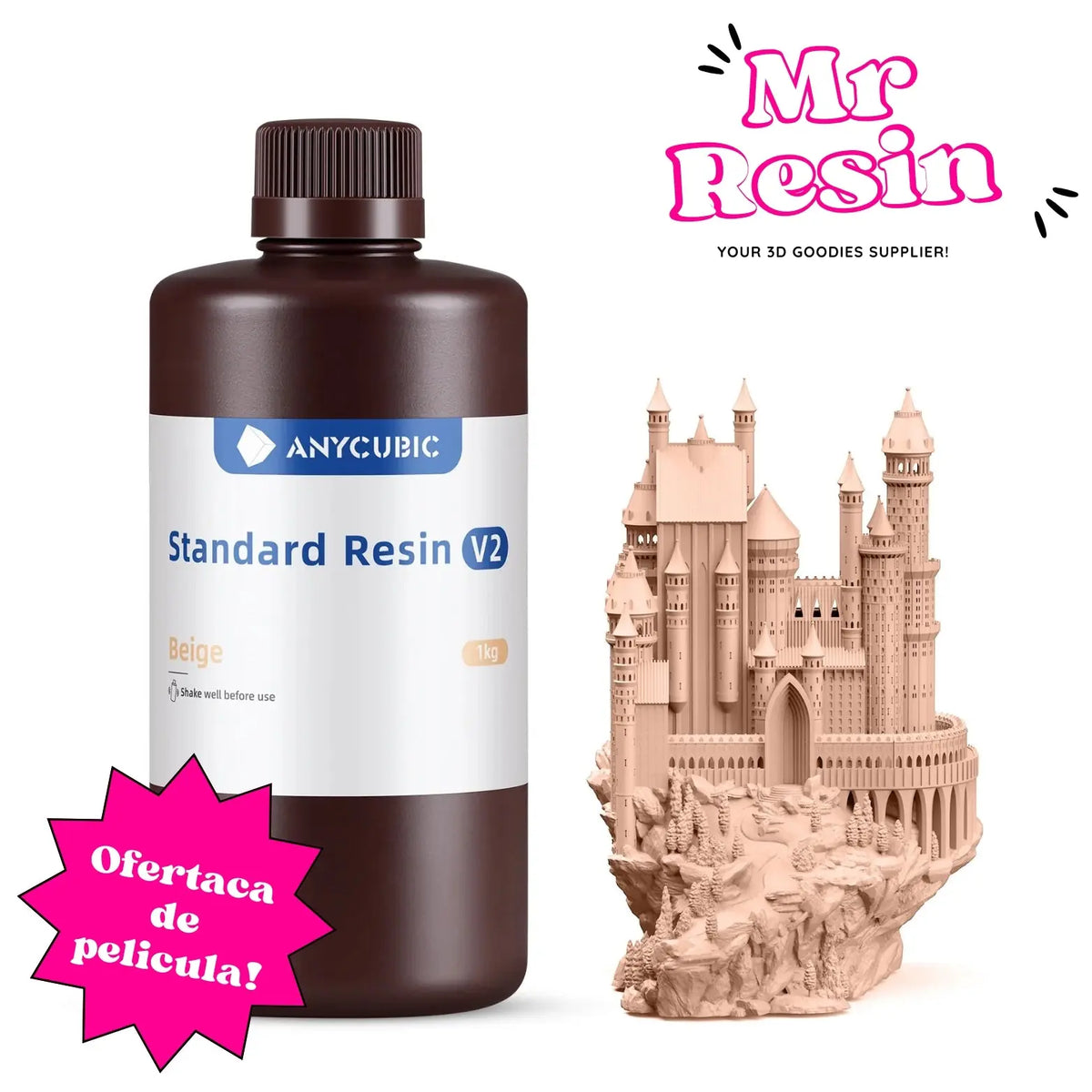 Botella de resina Anycubic V2 beige de 1kg junto a una detallada figura de un castillo impresa en 3D. Marca Mr Resin.